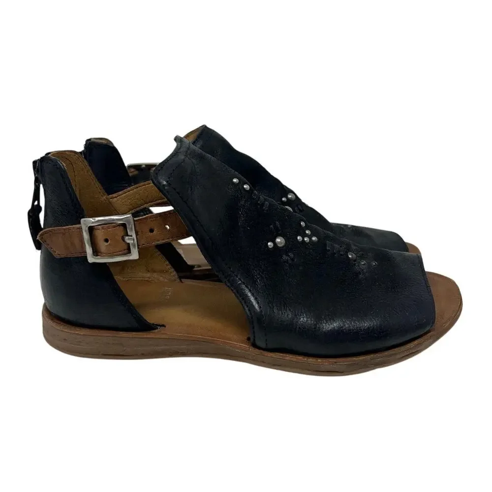 NWT Miz Mooz Women's Feat Black Leather Studded Cutout Sandals 39/8.5